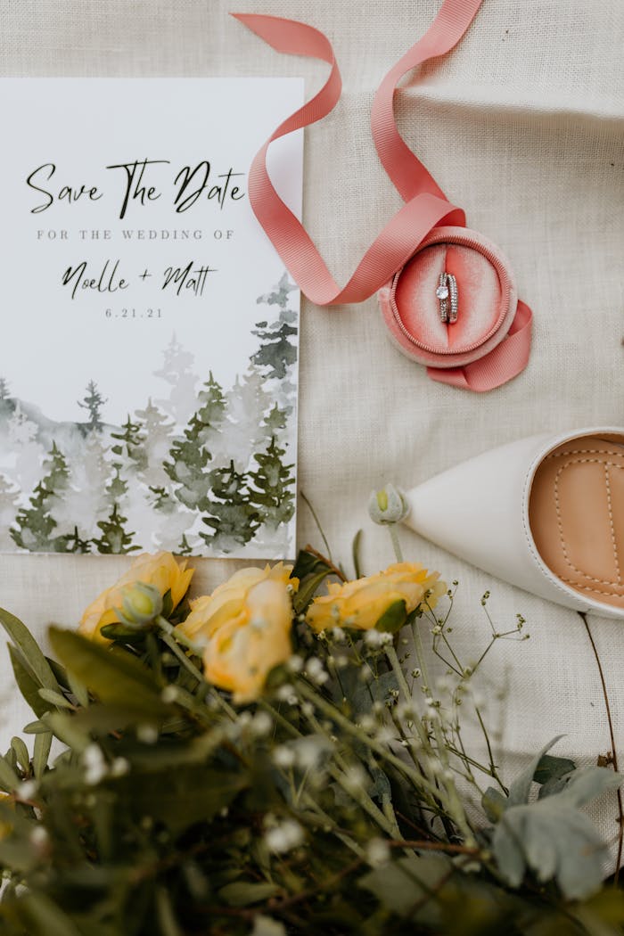 Stylish wedding setup with invitation, rings, flowers, and shoes.